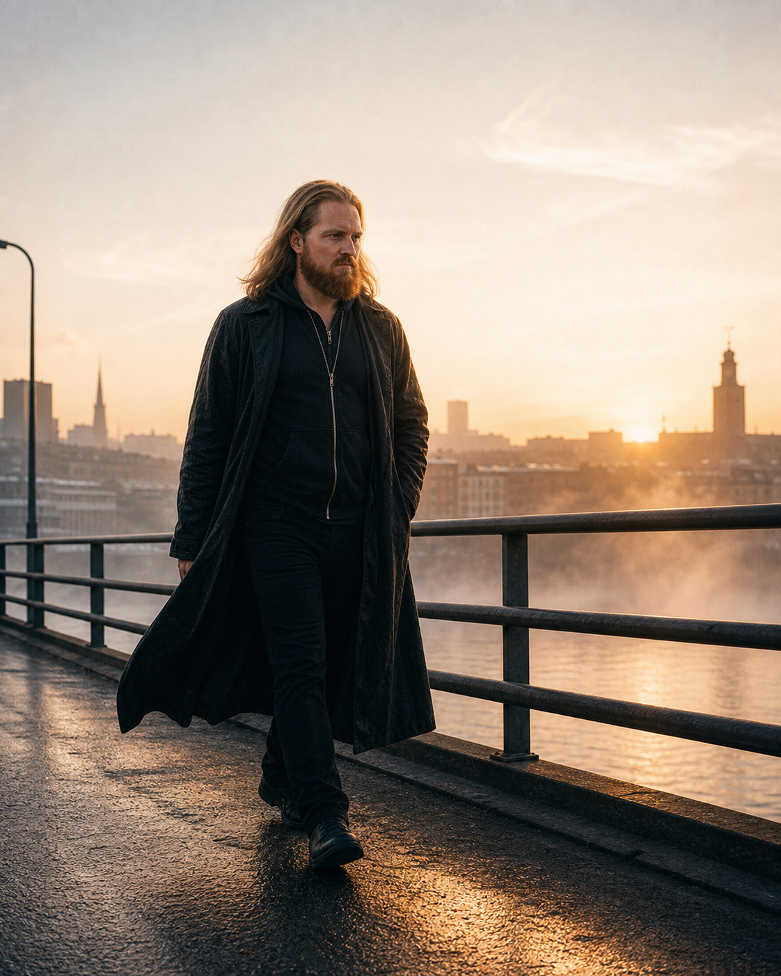Simon går över bron i gryningen