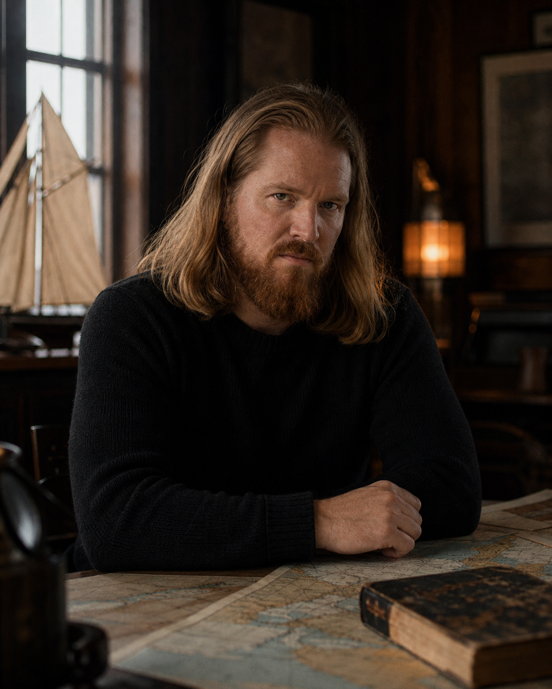 Porträtt av Simon vid ett bord med sjökort